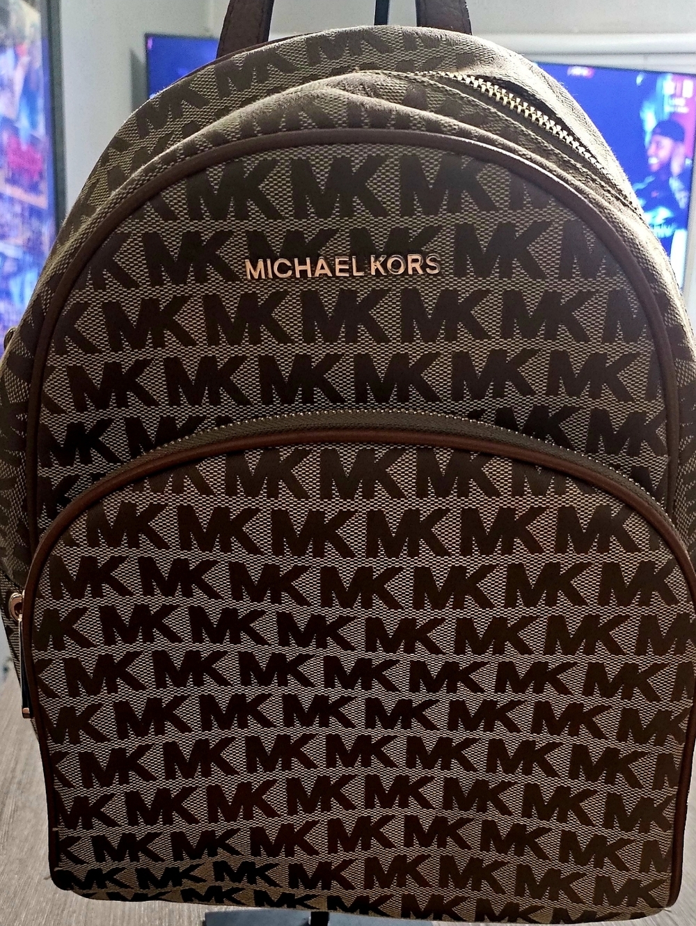 Authentic Michael Kors Abbey Signature Logo Backpack tan/Acorn